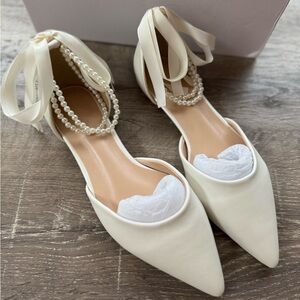Women's White Pearl Ankle Strap Flats
